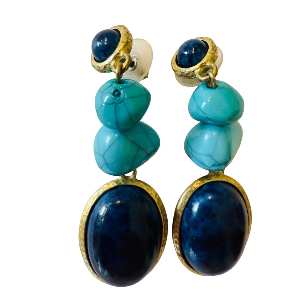 Vintage Boho Teal Turquoise Blue Stone Drop Earrings Gold Tone